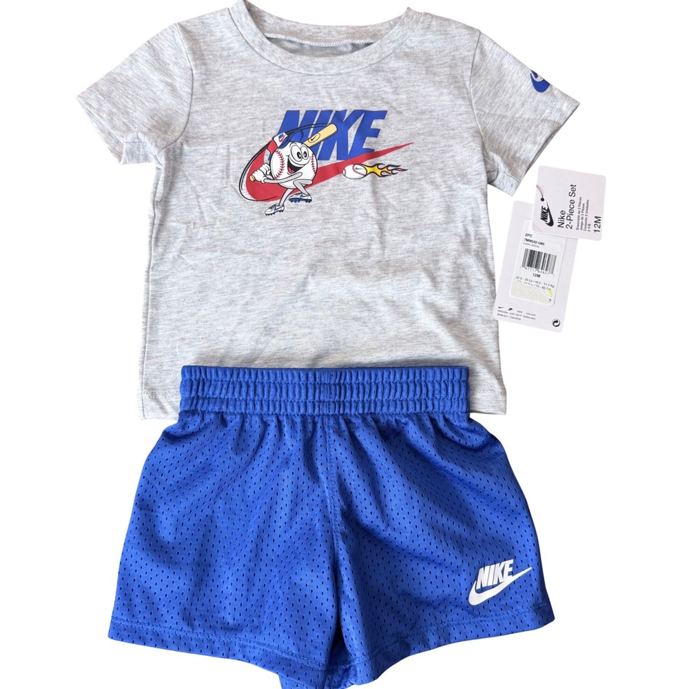 Nike Kids 2-Piece Set Gray Baseball Graphic Tee Blue Mesh Shorts 12M 7MN042-U89